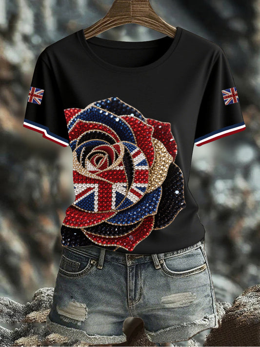 Women's British imitation diamond hot-drilling Printed Iron On Short Sleeve T-Shirt