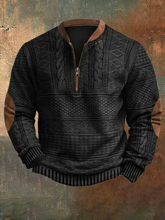 Men's Vintage Knit Pattern Print Casual Zipper Sweatshirt