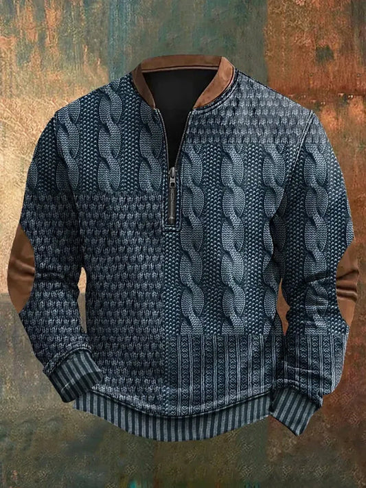 Men's Vintage Cable Pattern Print Casual Zipper Sweatshirt