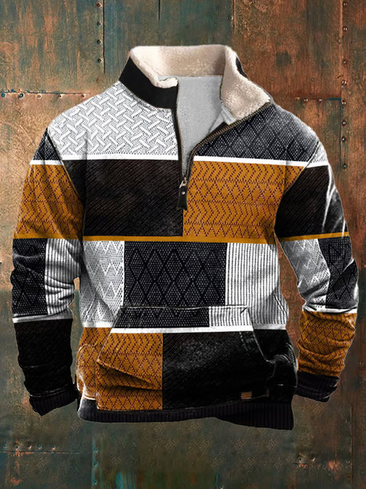 Men's Vintage Cable Pattern Print Casual  Pocket Fur Collar Zipper Hoodie