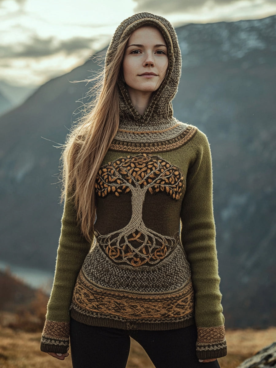 Women's Tree of Life Pattern Cozy Knit Hoodie