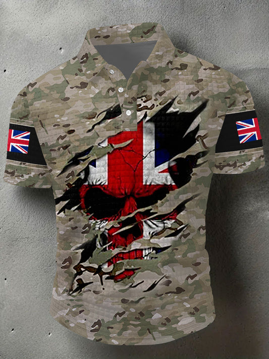 Men's UK Flag Camouflage Skull Print Casual Waffle Top