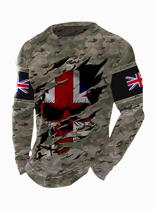 Men's UK Flag Camouflage Skull Print Casual Long-Sleeve T-Shirt