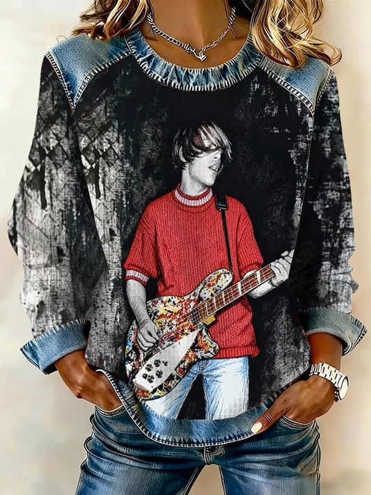 Women's Lemon Roses Music Lover Denim Patchwork Top