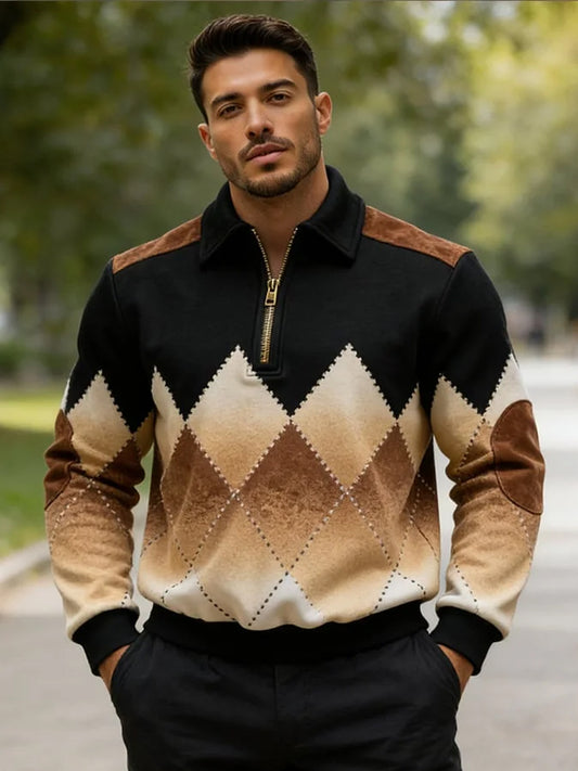Men's Retro Geometric Print Casual Half-Zip Sweatshirt