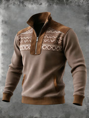 Men's Vintage Western Aztec Pocket Zip Stand Collar Sweatshirt