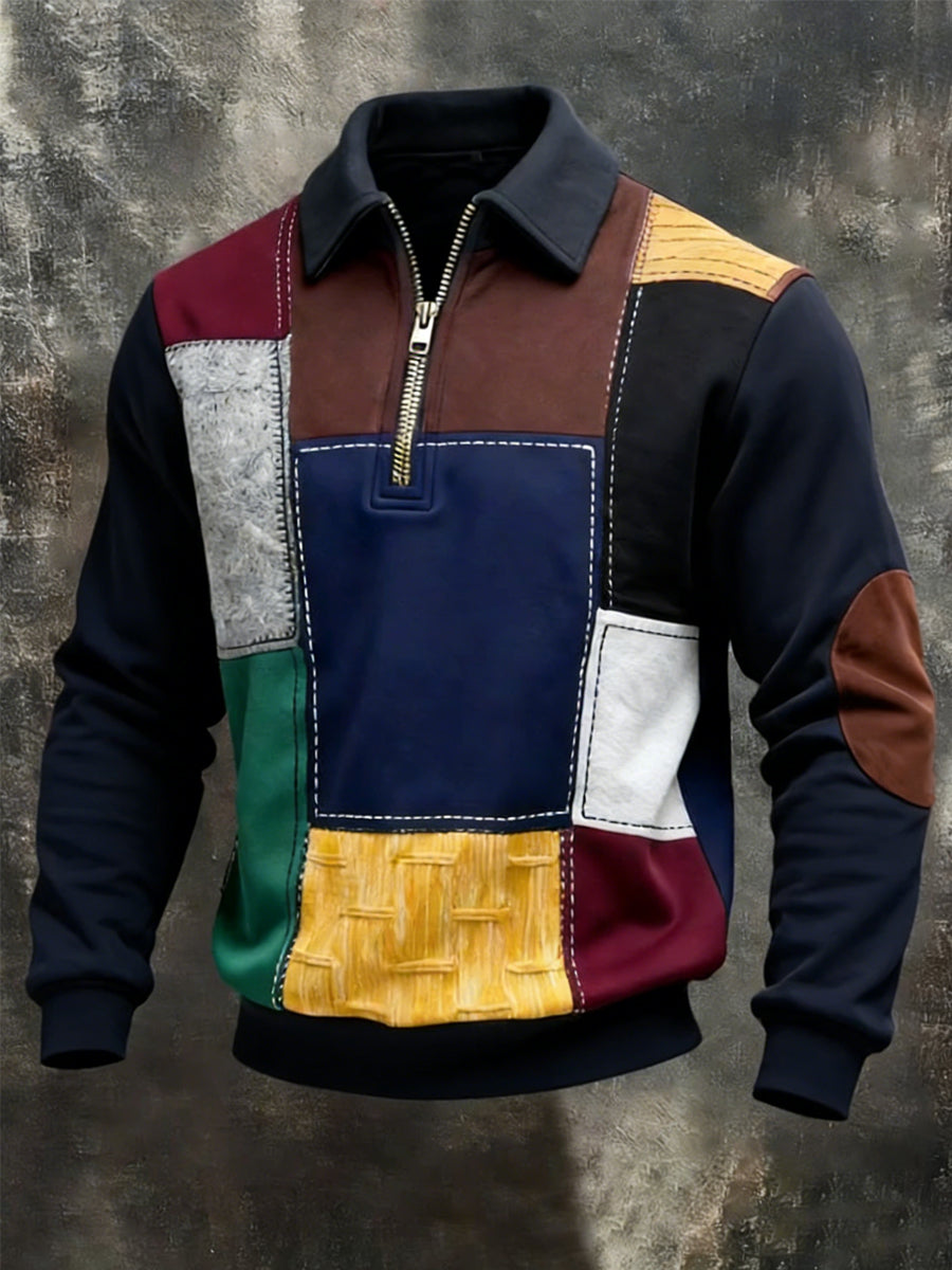 Men's Retro Geometric Colorblock Print Casual Half-Zip Sweatshirt