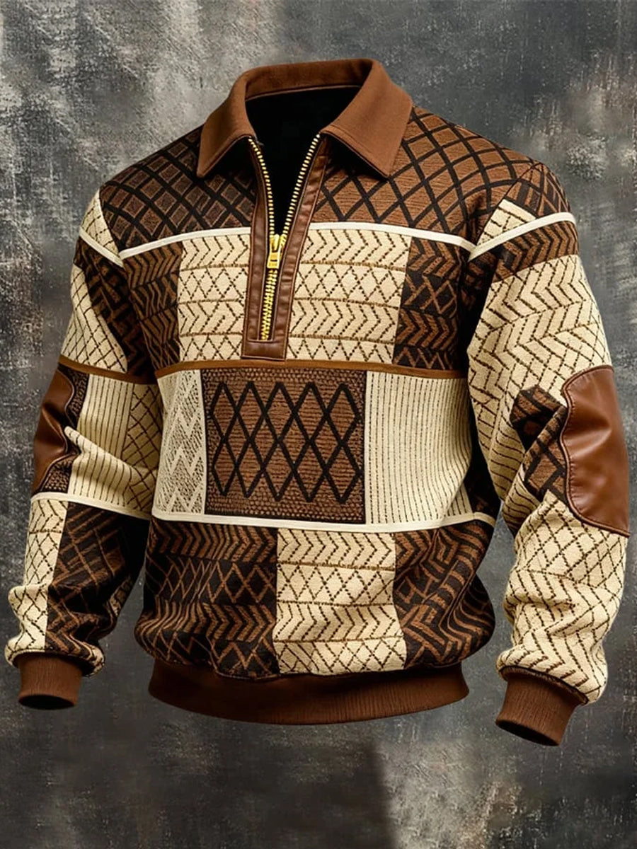 Men's Retro Geometric Print Casual Half-Zip Sweatshirt