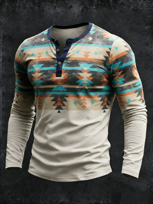 Men's Vintage Western Aztec Geometric Pattern Henley Long Sleeve T-Shirt