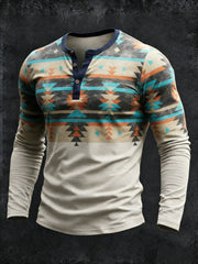 Men's Vintage Western Aztec Geometric Pattern Henley Long Sleeve T-Shirt