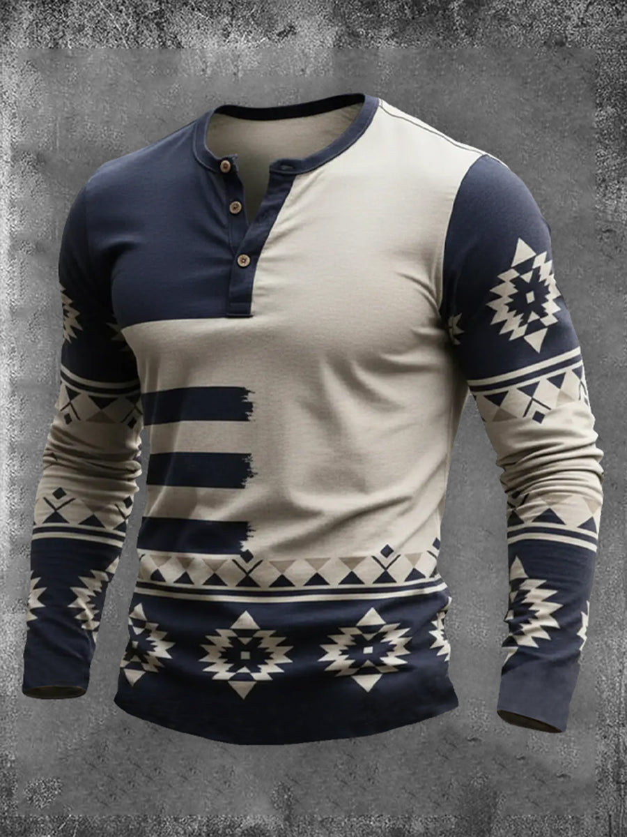 Men's Vintage Western Aztec Geometric Pattern Henley Long Sleeve T-Shirt