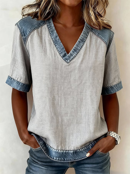 Women's Simple Solid Color Denim Patchwork V-Neck Top